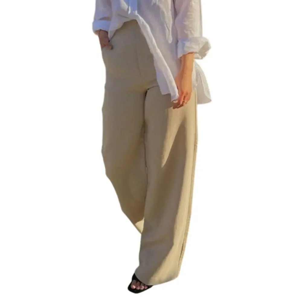 Zara M Womens Tan Wide Leg Pants Linen Cotton High Rise Normcore Pleated